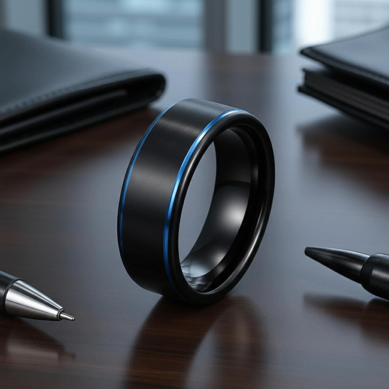 Mens black and blue ring – mans tungsten wedding and engagement band with personalised engraving.