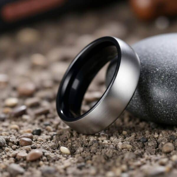 An eternity ring for him. This mens titanium ring has a brushed silver surface and polished black interior and rims. Add a personalised ring engraving.