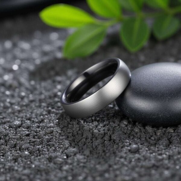 A graceful brushed silver and black ring for men. Perfect as a male wedding band or fashion statement ring. Personalised Engraving available.