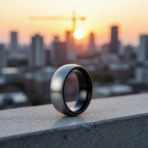 Titanium mens ring in silver and black. Perfect as a male fashion ring or as a wedding band or engagement ring.