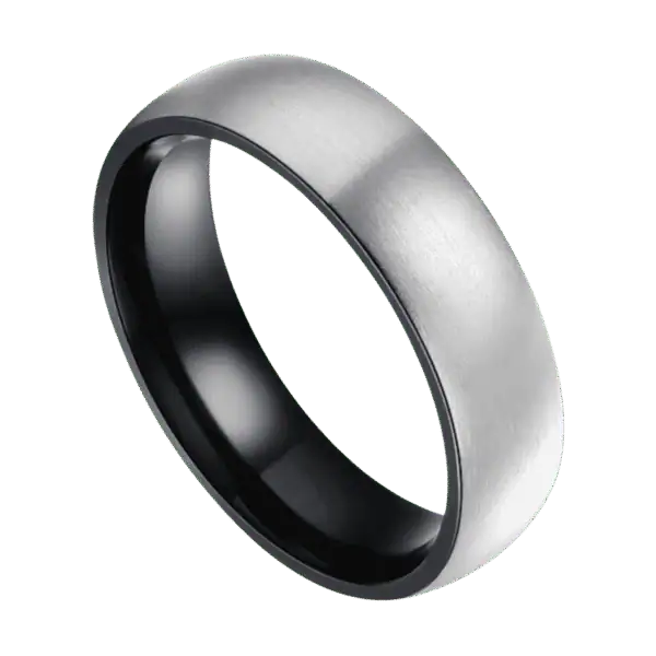 Brushed silver and black titanium ring for men, elegant dome-shaped mens wedding band or engagement eternity ring with custom engraving.