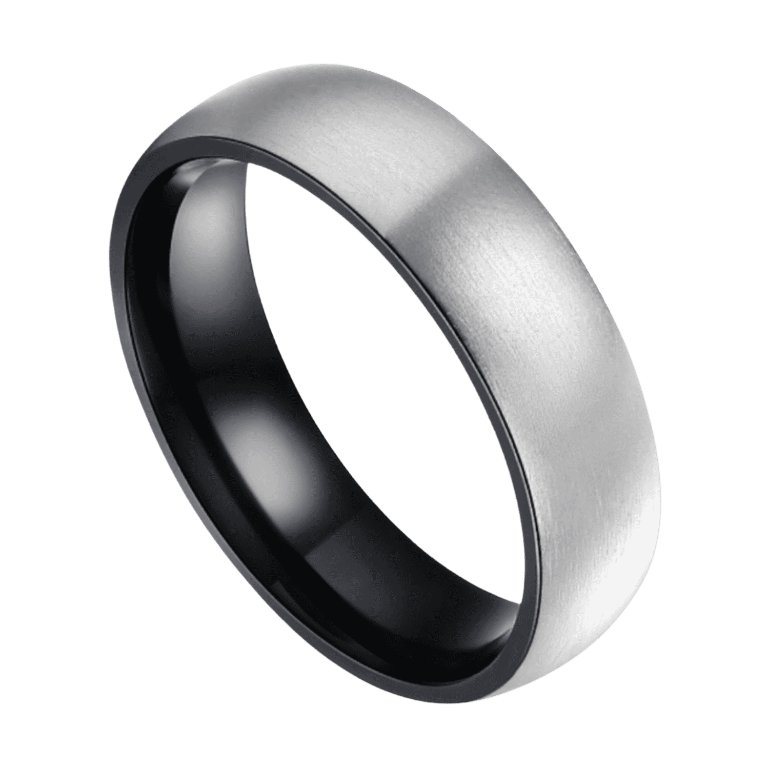 Brushed silver and black titanium ring for men, elegant dome-shaped mens wedding band or engagement eternity ring with custom engraving.