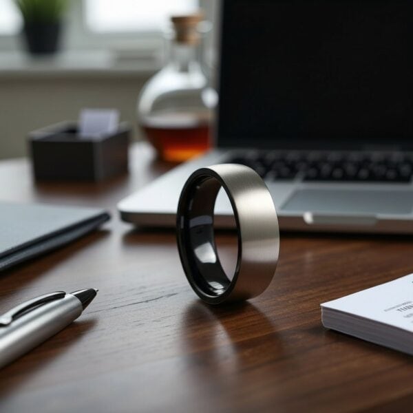 A silver and black titanium ring for men. Well suited as a male promise ring with a personalised ring engraving.