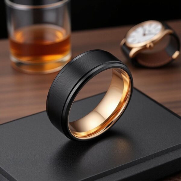 Mans statement ring / fashion accessory - black tungsten mens ring with rose gold