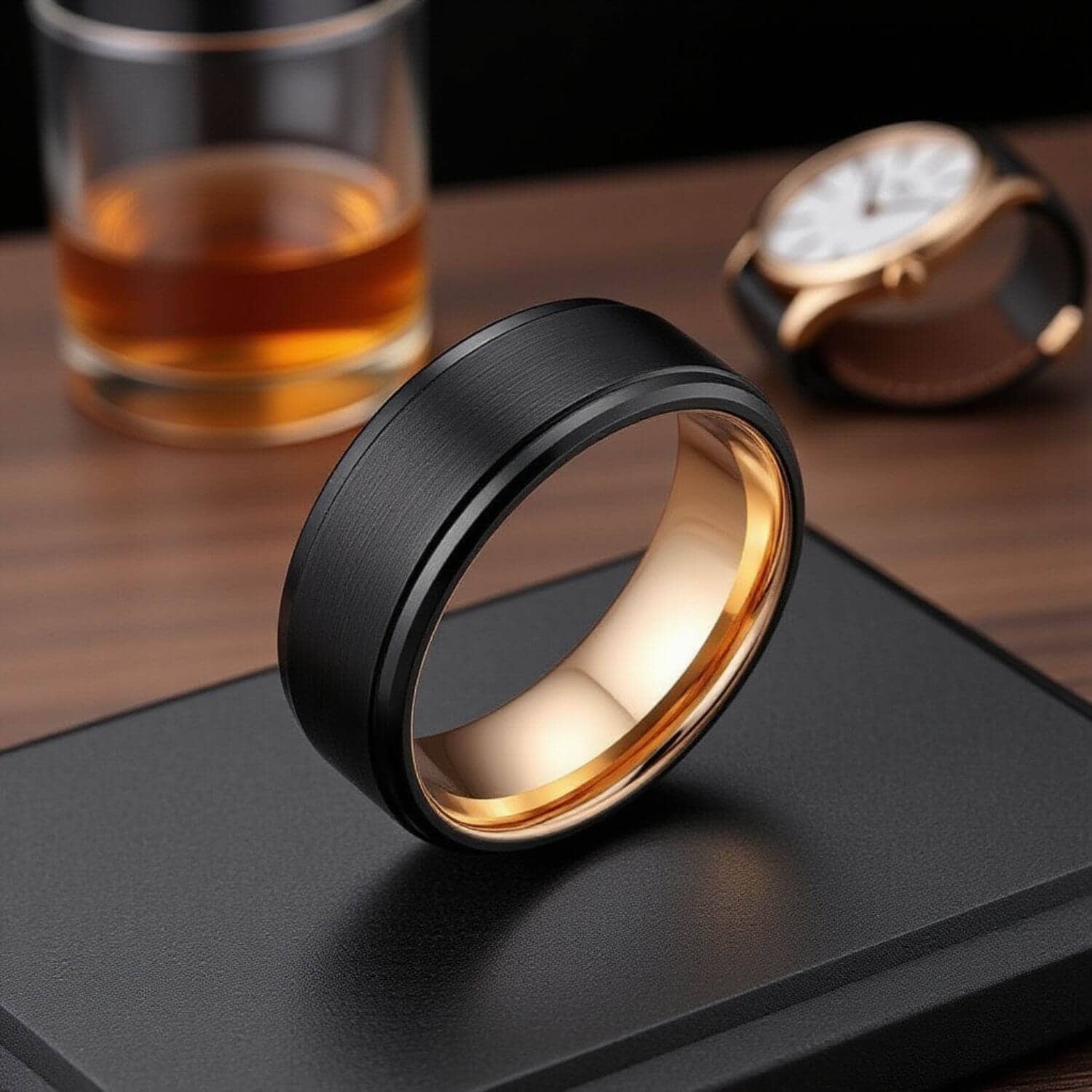 Mans statement ring / fashion accessory - black tungsten mens ring with rose gold