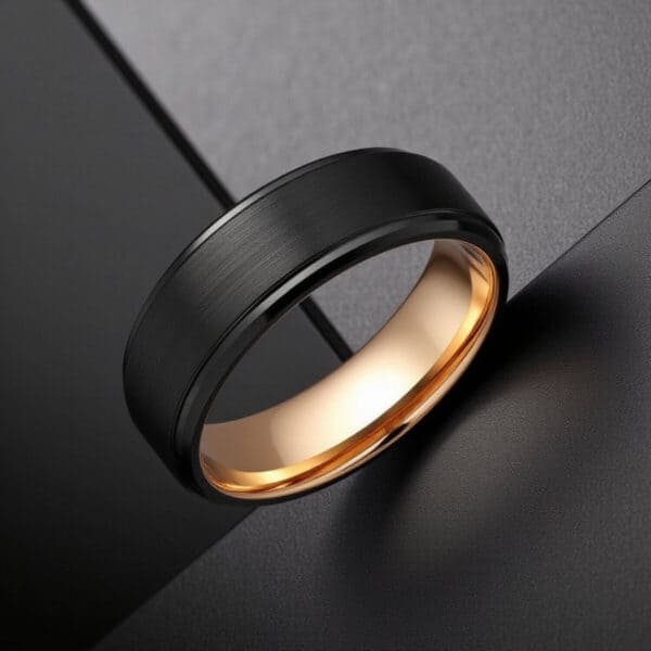 mens black ring with gold inside brushed 8mm tungsten