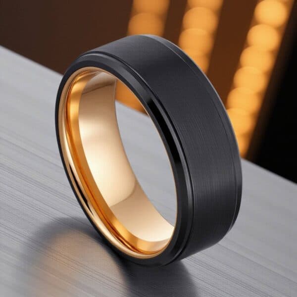 Mans black ring with rose gold - wedding, anniversary band