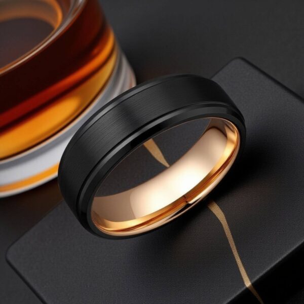 Tungsten Ring for Him - Black Band with Rose Gold Inside