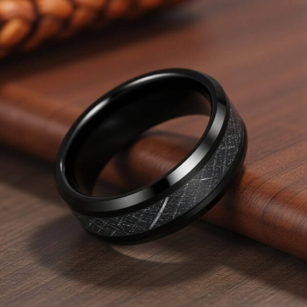 Black tungsten male ring with faux meteorite inlay - mens wedding band