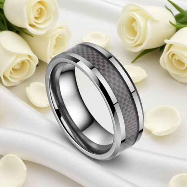 Unique Gents Wedding Band - Silver Tungsten Ring with Carbon Fibre Inlay