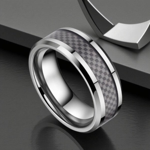 A mesmerising tungsten ring with a carbon fibre inlay. Perfect as a wedding ring for him, or a male engagement ring.