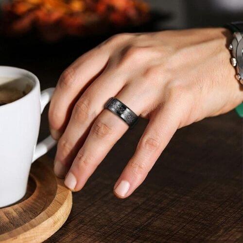 Meteorite ring for men on black tungsten 6mm 8mm modern style design