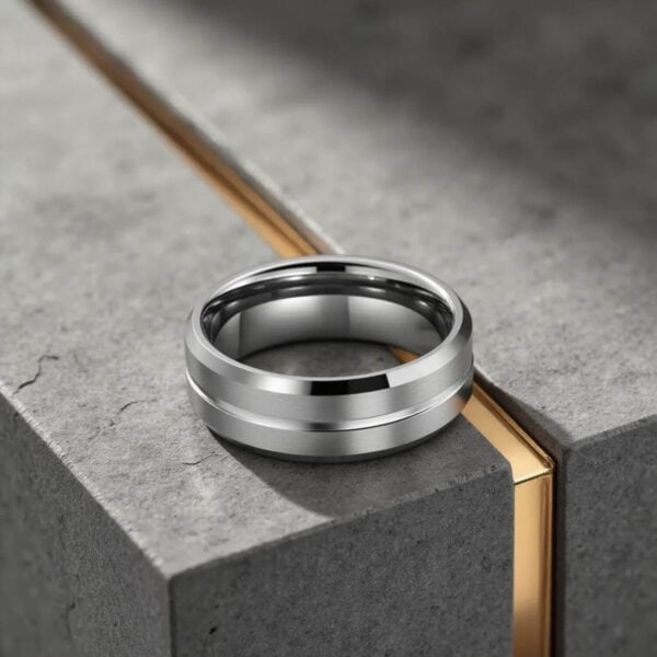 Mens engagement ring or male wedding band. A silver tungsten gents ring with centre groove of polished silver and polished edges