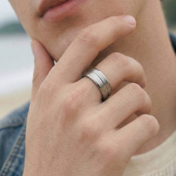 Mens Silver Tungsten Wedding Ring – Brushed & Polished Groove | Engraved Personalised Band – Newman Bands – Milan - Image 2