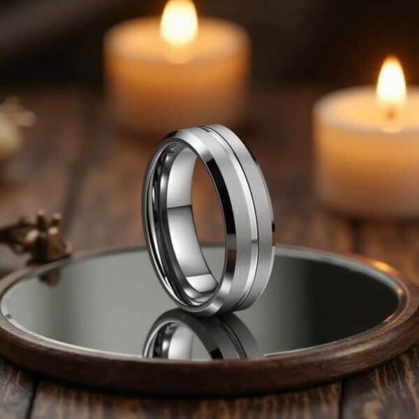 Mens statement ring or fashion ring for males. A silver tungsten ring with a personalised ring engraving