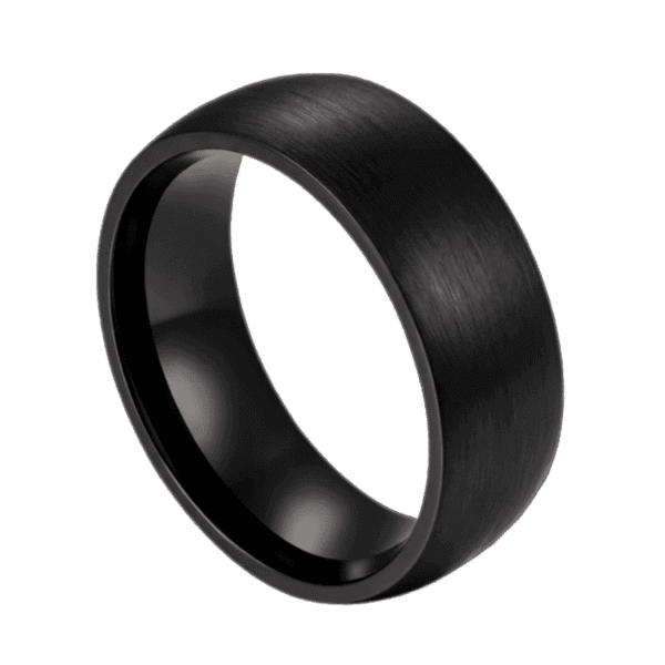 A brushed black titanium ring for men with dome-shaped finish – mens wedding band, engagement, eternity or promise ring for him with personalised and custom ring engraving.