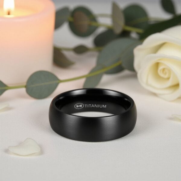 A stylish mans wedding band or engagement ring. Made with titanium, this all black brushed ring can be personalised with a custom ring engraving.