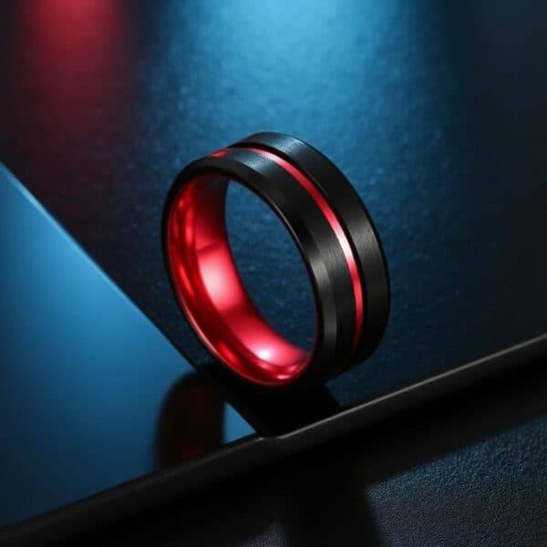 Black and red tungsten ring for him, stylish mens fashion and statement band with engraving.