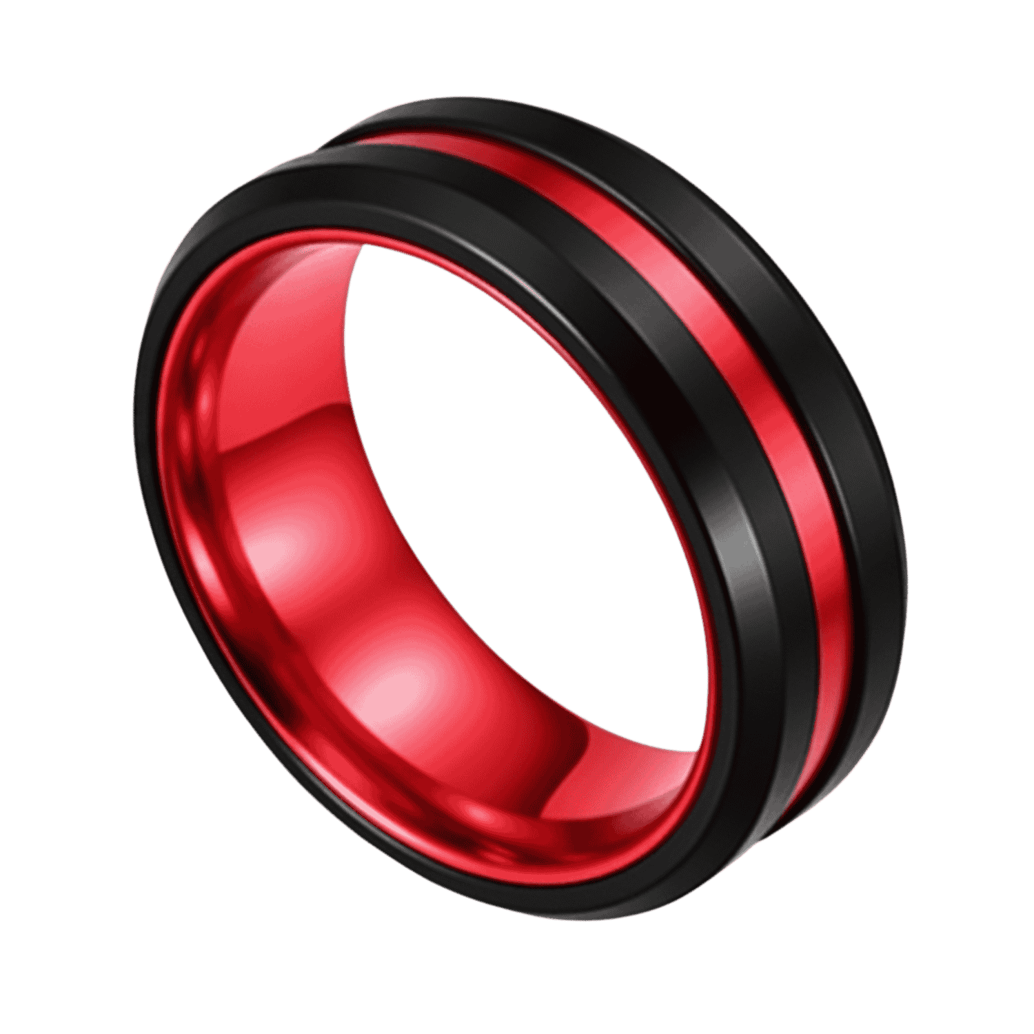 The Enrapture black and red tungsten ring for men featuring a vivid red inlay, bold mens wedding band with personalised engraving.