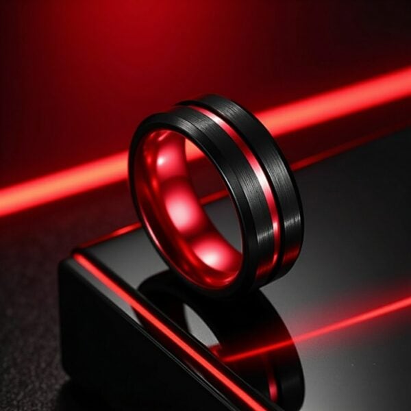 Mens black and red tungsten ring, bold two-tone wedding and statement band for guys.