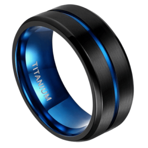 Mens black ring with blue band in the middle. lightweight titanium 6mm or 8mm modern style design