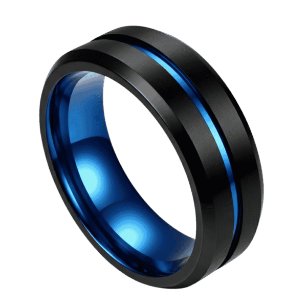 A black titanium ring with polished blue groove and blue interior – mens wedding band, engagement, eternity or promise ring for him with personalised and custom ring engraving.