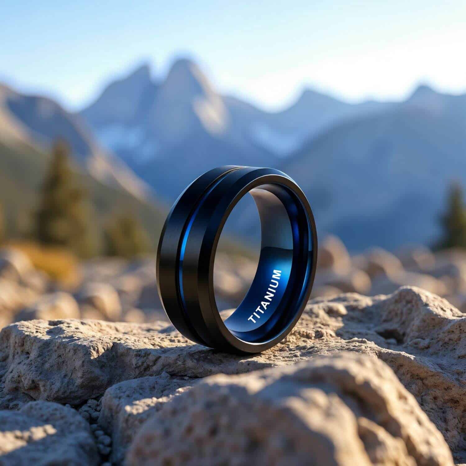 black mens ring with blue band 
