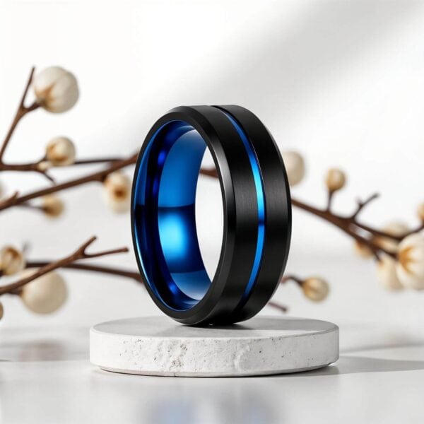 Black Titanium Ring for Men - with Blue Groove and Inside