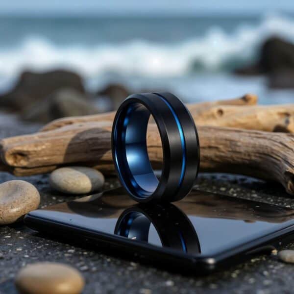 Black mens ring with blue centre band in titanium blue inside all sizes 6mm 8 mm design