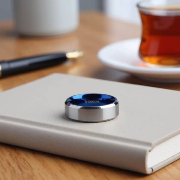 Men's brushed silver wedding band with blue interior. A titanium ring for men.