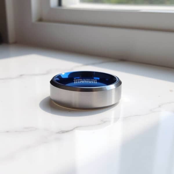 A sleek mens silver titanium ring with a polished blue inside. Perfect as a male wedding band or an engagement ring for men
