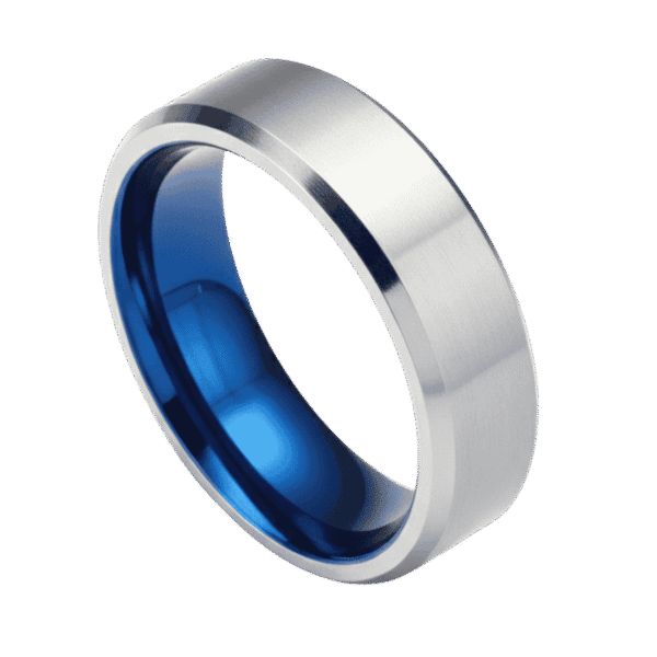 A silver titanium ring with matte centre, polished bevelled edges and blue interior – mens wedding band, engagement, eternity or promise ring for him with personalised engraving.