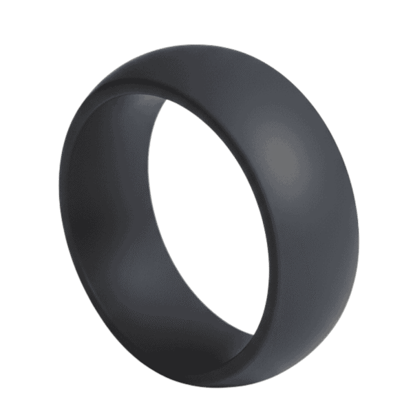 A mans silicone ring - charcoal grey in colour and with a slightly domed shape.