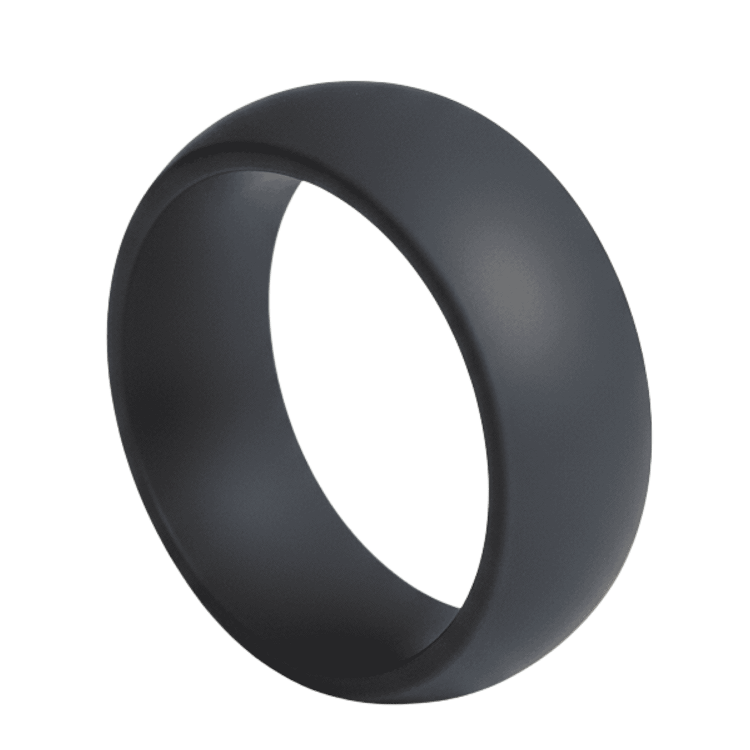 A mans silicone ring - charcoal grey in colour and with a slightly domed shape.