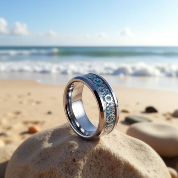 Men’s cogwheel ring with blue carbon fibre inlay, worn as a promise or fashion statement ring.