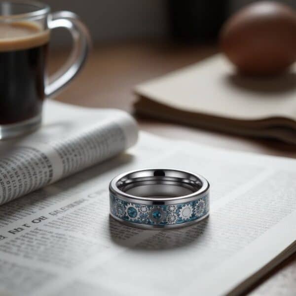 Men’s tungsten fashion ring with blue carbon fibre cogwheel inlay, designed as a statement ring.