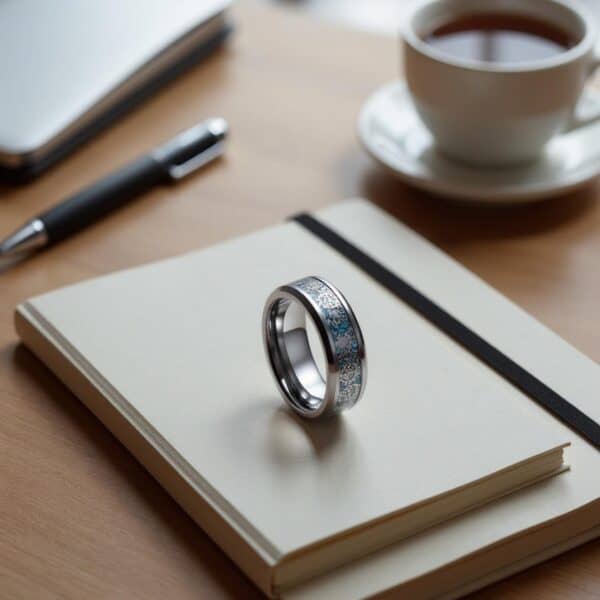 Men’s tungsten ring with blue carbon fibre cogwheel pattern and custom ring engraving.