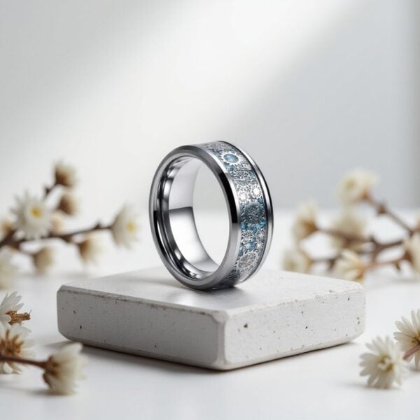 Men’s tungsten ring with a silver finish and blue carbon fibre cogwheel inlay, shown as a personalised men’s wedding band.