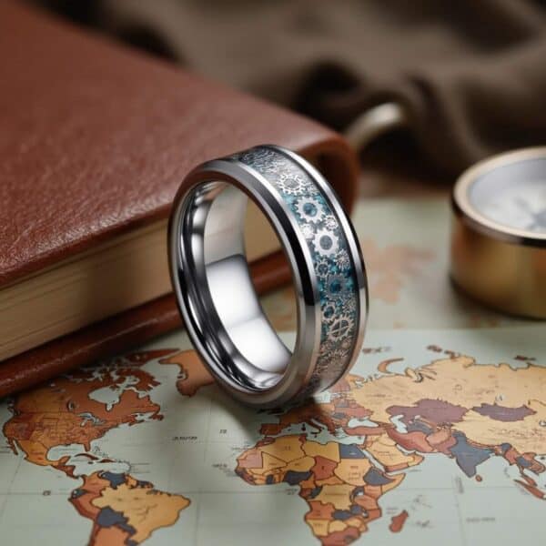 Cogwheel ring for guys featuring blue carbon fibre detailing, suitable as a men’s eternity ring.