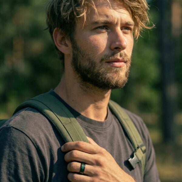 Enjoying a hike in the countryside, the man reaches for his backpack strap, showing his green and black ring made with carbon and tungsten.