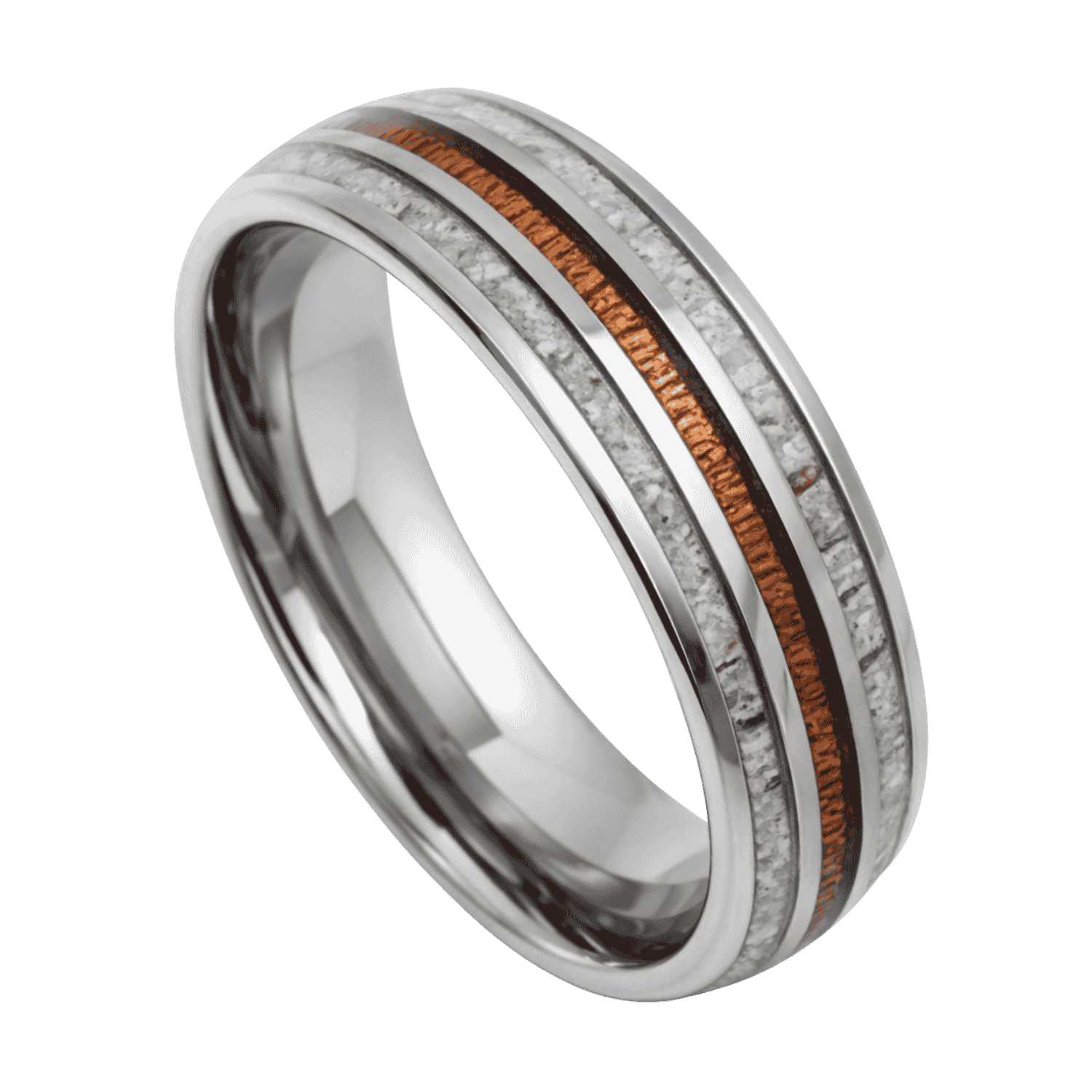 Men’s silver tungsten ring with whiskey barrel oak wood and natural antler inlays, shown as a personalised men’s wedding band.