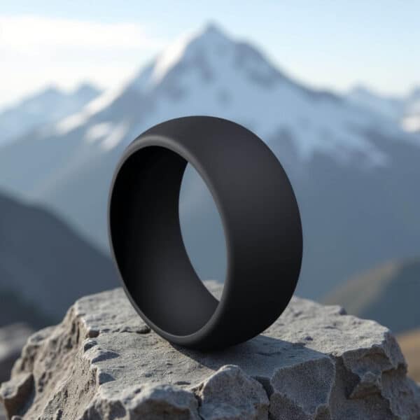 Mans black silicone ring perfect for wear while working with your hands, or exercising or swimming.