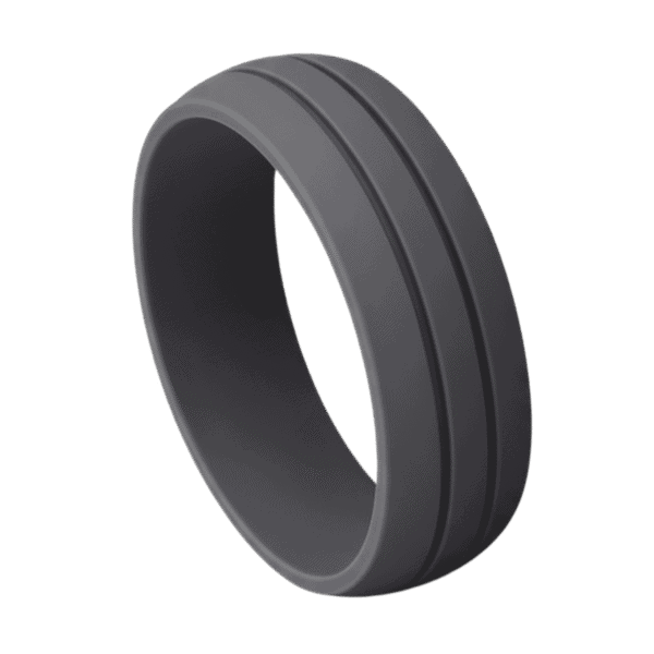 Dark grey silicone ring with double grooves – mens wedding band, male engagement ring, or gents eternity ring, a flexible stretchy band for him.