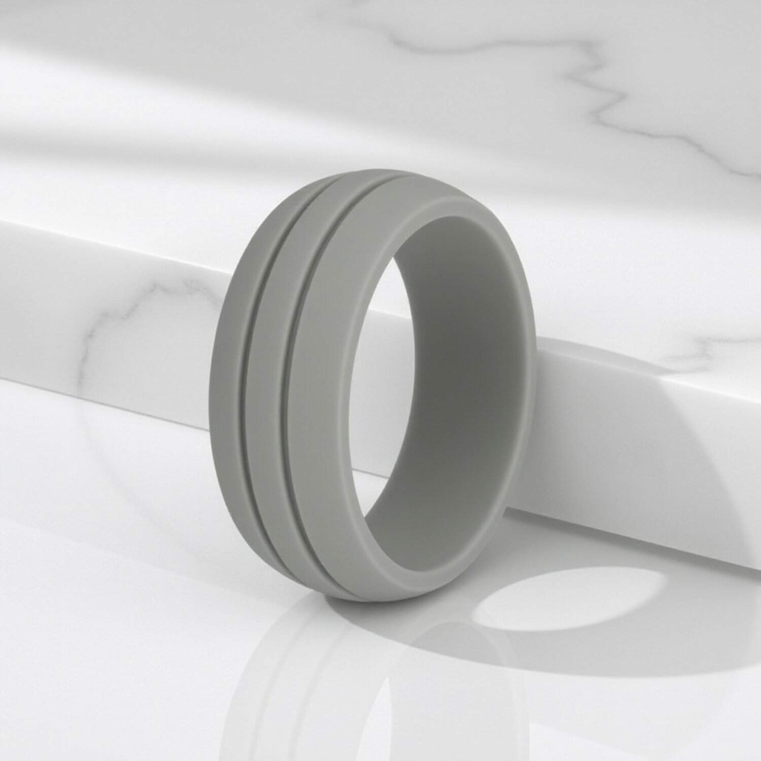 Lightweight light grey flexible silicone ring for him with double grooves. A versatile mens band for use as a gents eternity ring or male engagement ring.