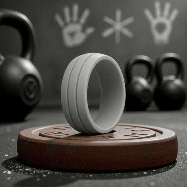 Sleek light grey silicone band for men with double grooves. Perfect as a male wedding ring, symbolic promise ring, or stylish gents eternity ring