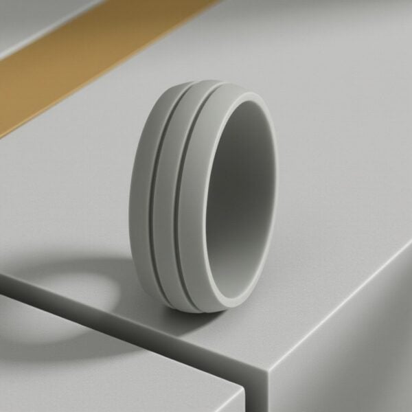 Contemporary light grey silicone ring for men with double grooves. Wear as a male engagement ring, gents eternity ring, or versatile flexible band.