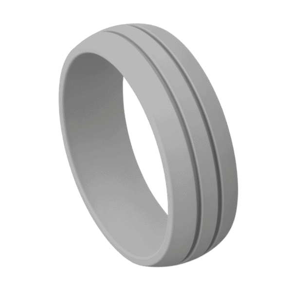 Light grey silicone ring for men with double grooves. A mens wedding band, male engagement ring, or gents eternity ring, flexible and stretchy.