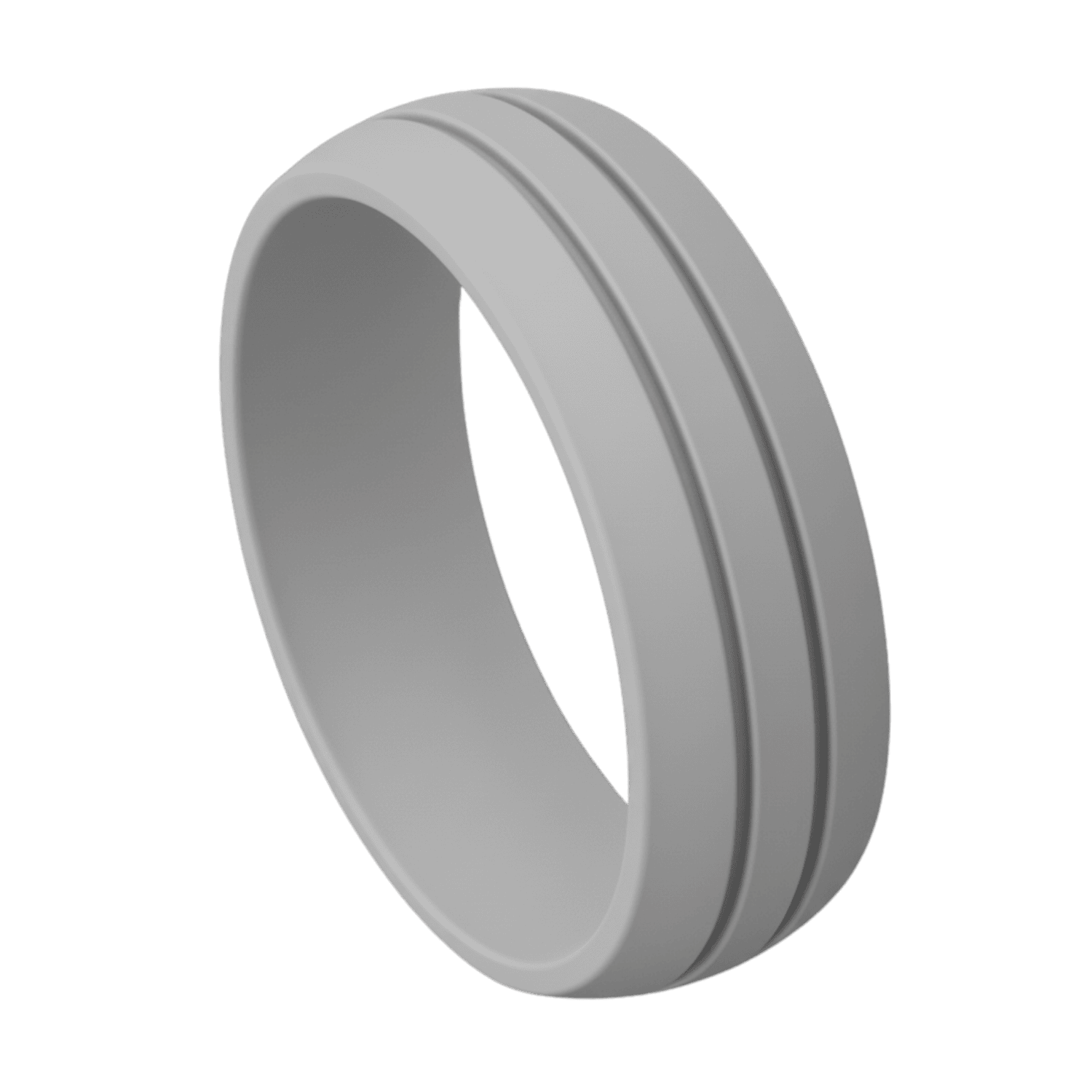 Light grey silicone ring for men with double grooves. A mens wedding band, male engagement ring, or gents eternity ring, flexible and stretchy.