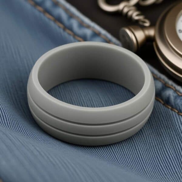 Modern mens light grey silicone band with double grooves. Perfect as a male wedding ring, gents eternity ring, promise ring, or fashion statement ring.