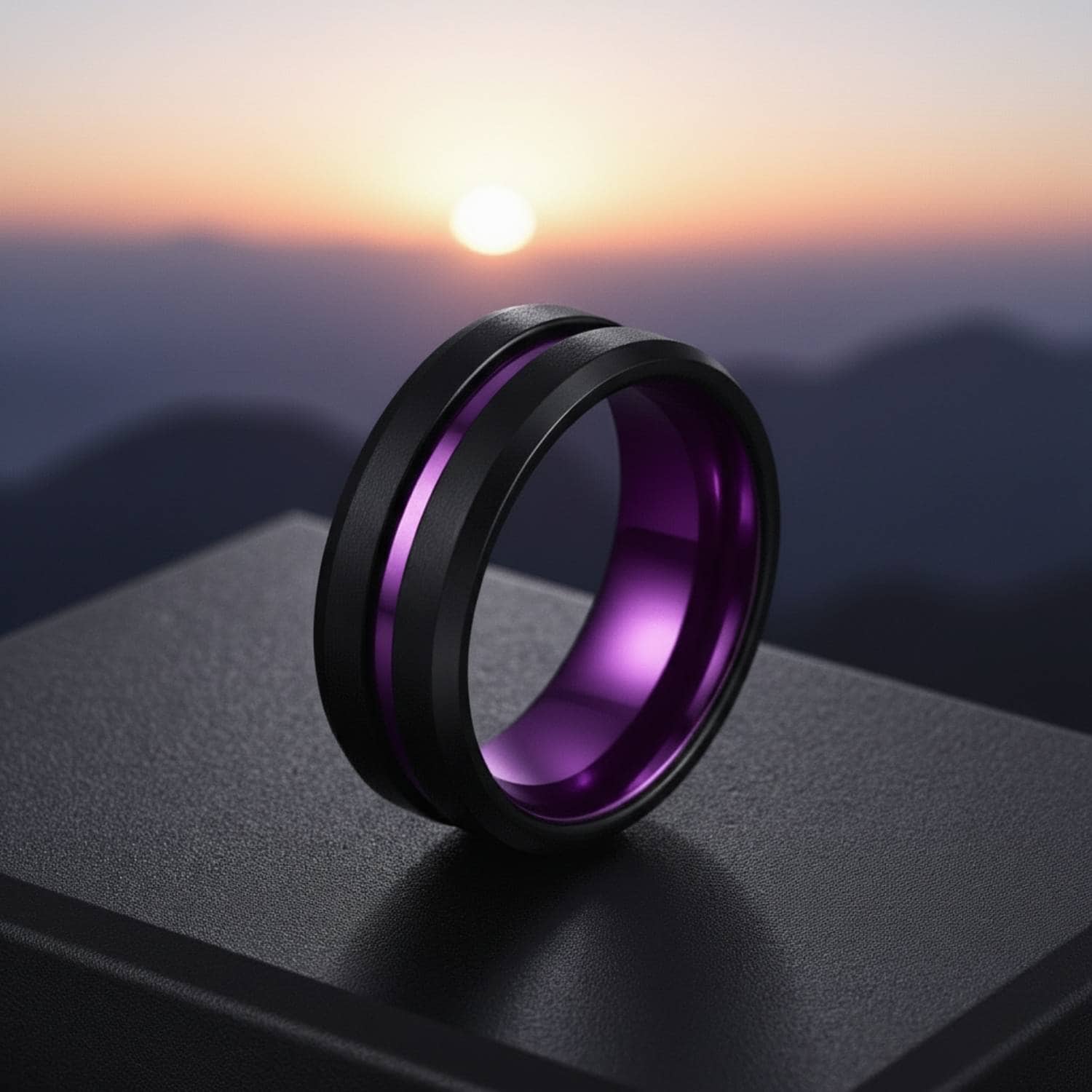 Men’s tungsten ring with black matte finish and purple groove, suitable as a male wedding or engagement ring.